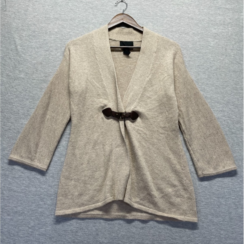 Cynthia Rowley Cardigan Sweater Womens M‎ Beige Faux Leather Buckle Open Front